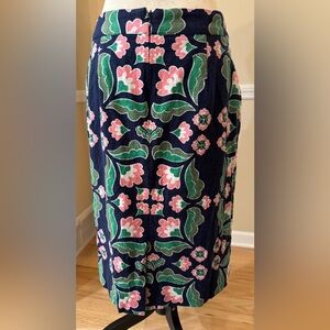 🪴 Biden Linen Navy Skirt w/ Pockets & Pink & Green Floral Botanical Print, Sz 6L